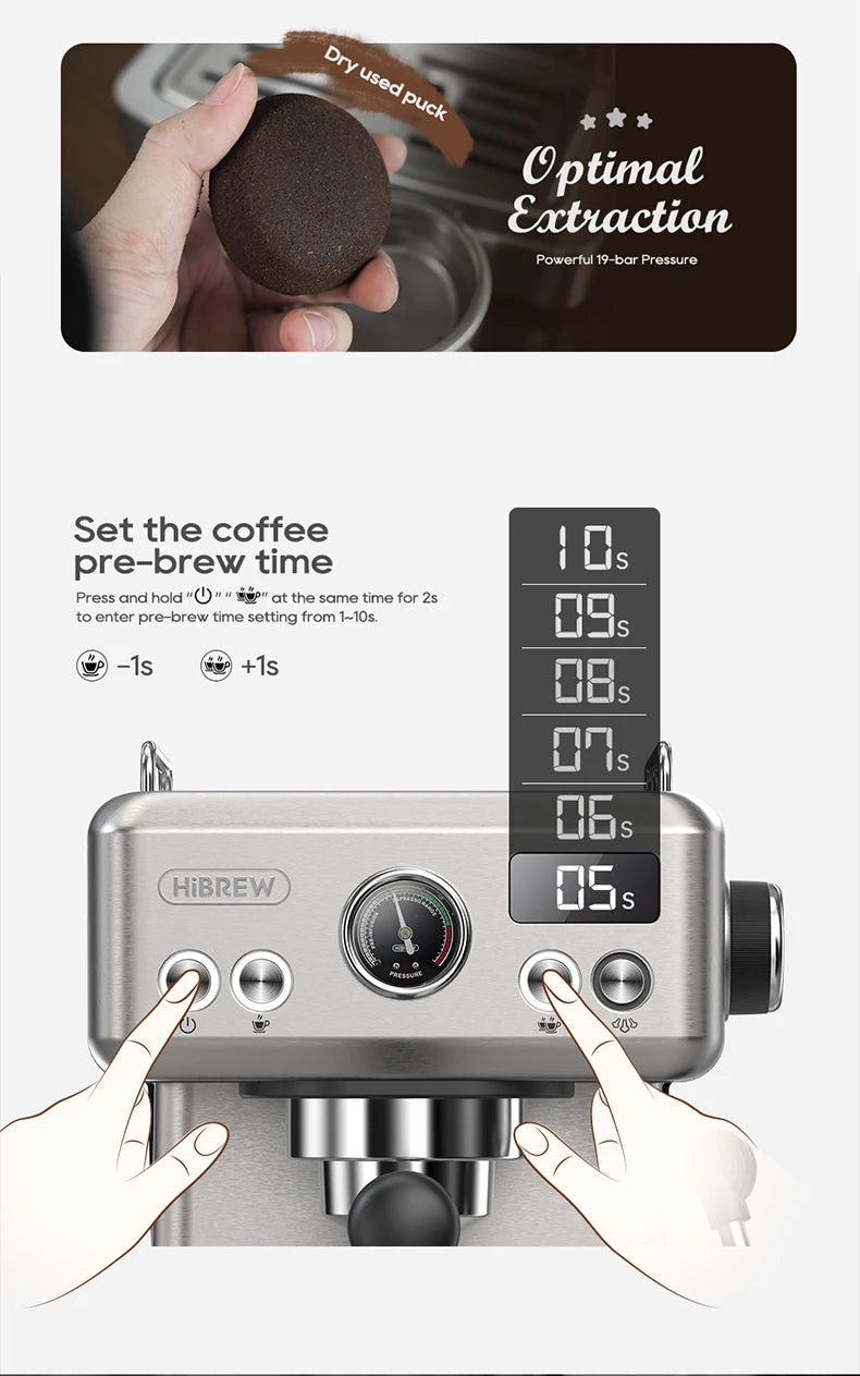HiBREW 20Bar Semi Automatic Espresso Coffee Machine Temperature Adjustable 58mm Portafilter Cold/Hot Coffee Maker Metal CaseH10A