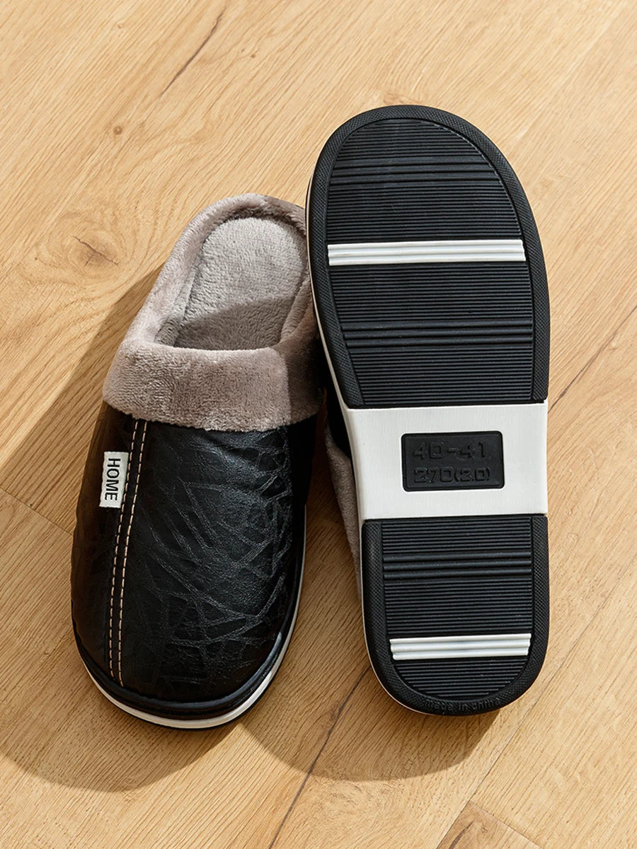 Mens Winter Slippers PU Leather Waterproof Indoor House Shoes Big Size Warm Fur Lined Home Bedroom Slippers
