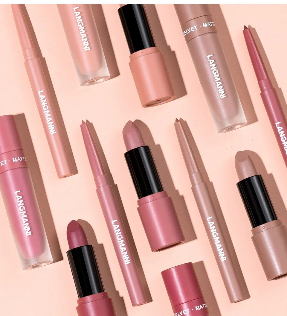 3PCS Matte Lipstick Set Nude Brown Velvet Liquid Lip Gloss Waterproof Non-stick Cup Lip Liner Plumper 24HR Lasting Not Easy Fade