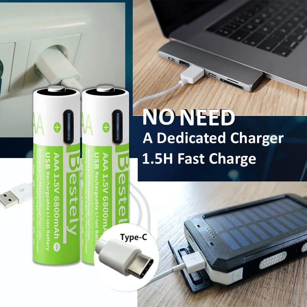 Smart Rechargeable Batteries AAA, 1.5V 6800mAh Triple A Li-ion Batteries, AAA Battery for Cameras,  Electric Toothbrush, Shavers