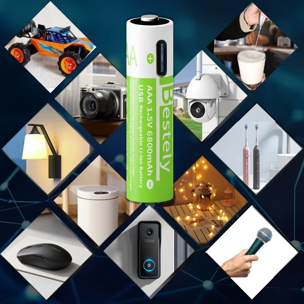 Smart Rechargeable Batteries AAA, 1.5V 6800mAh Triple A Li-ion Batteries, AAA Battery for Cameras,  Electric Toothbrush, Shavers