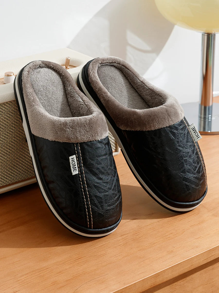 Mens Winter Slippers PU Leather Waterproof Indoor House Shoes Big Size Warm Fur Lined Home Bedroom Slippers