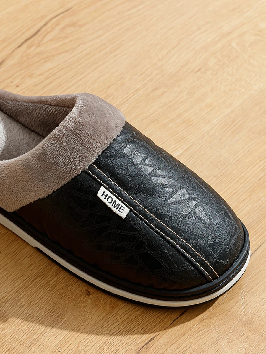 Mens Winter Slippers PU Leather Waterproof Indoor House Shoes Big Size Warm Fur Lined Home Bedroom Slippers